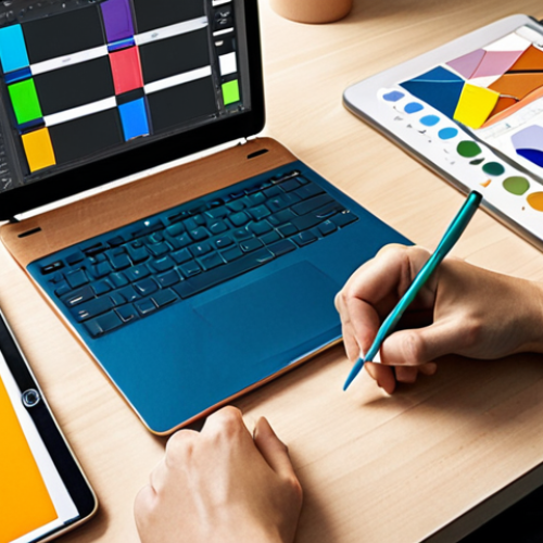 **

A vibrant workspace scene. A graphic designer, slightly stylized, is sketching on a tablet while surrounded by mood boards displaying color palettes (blues, greens, natural tones) and logo concepts. Open laptop shows a Trello board with project management tasks. Soft, diffused natural light. The overall feeling is creative, organized, and productive.

**