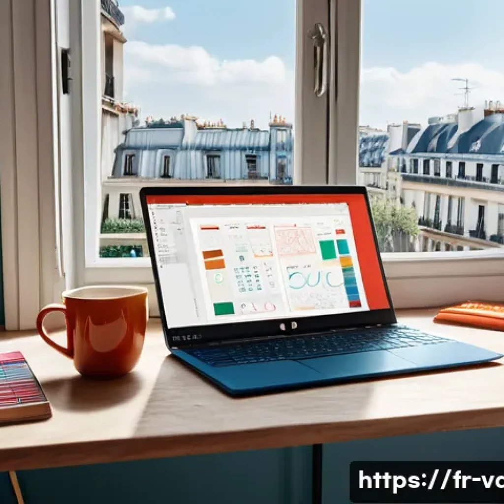 시각디자인과 인터랙션 디자인 - A modern digital designer’s workspace in Paris, featuring a sleek laptop displaying a vibrant UI des...
