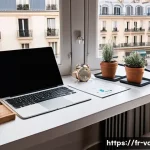 시각디자인 프리랜서 수입 관리 - A modern freelance graphic designer’s workspace in a cozy Parisian apartment, featuring a sleek lapt...
