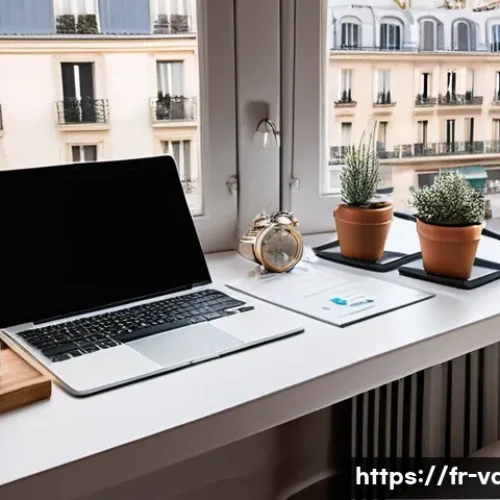 시각디자인 프리랜서 수입 관리 - A modern freelance graphic designer’s workspace in a cozy Parisian apartment, featuring a sleek lapt...