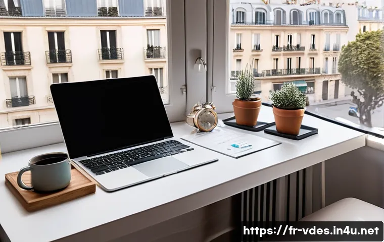 시각디자인 프리랜서 수입 관리 - A modern freelance graphic designer’s workspace in a cozy Parisian apartment, featuring a sleek lapt...