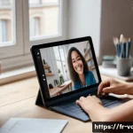 시각디자인 온라인 학습 리소스 - A modern online learning environment showcasing a young adult French student attending an interactiv...