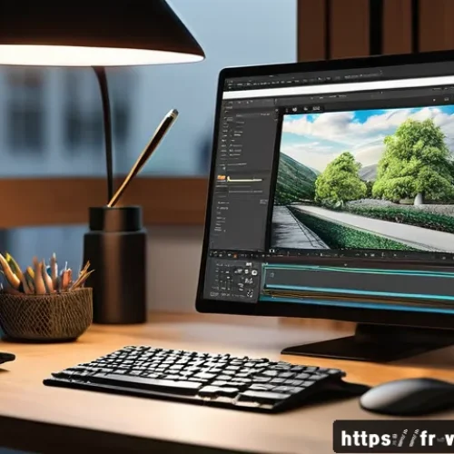 시각디자인에서 자주 사용하는 단축키 - A modern digital artist's workspace showcasing a sleek computer screen with a complex layered graphi...