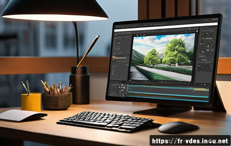 시각디자인에서 자주 사용하는 단축키 - A modern digital artist's workspace showcasing a sleek computer screen with a complex layered graphi...