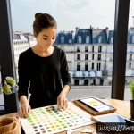 시각디자인과 지속 가능성 - Photorealistic sustainable visual design studio in Paris, a young French designer arranging recycled...