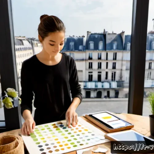 시각디자인과 지속 가능성 - Photorealistic sustainable visual design studio in Paris, a young French designer arranging recycled...