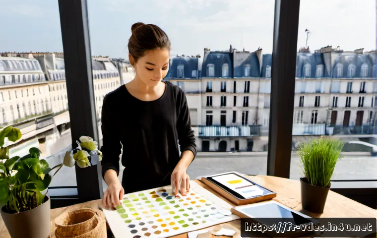 시각디자인과 지속 가능성 - Photorealistic sustainable visual design studio in Paris, a young French designer arranging recycled...